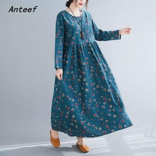 Long sleeve plus size cotton linen vintage floral for women casual loose spring autumn dress elegant clothes 2021 ladies dresses