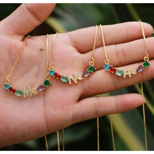 NEW Design 1Pcs Gold Chain Necklace Rainbow CZ Cubic Zirconia Initials A To Z Letter Pendant Necklaces For Women Jewelry