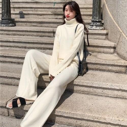 2020 Autumn and Winter Women Suit Track Costume 2 Pieces Sets Female Turtleneck Pullovers and Long Knitted Wide Leg Pants A48