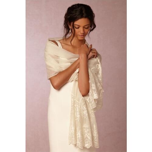 70cm*180cm Chiffon Wedding Shawl Long Lace Wrap Womens Coat Bridal Wraps in White ,Ivory