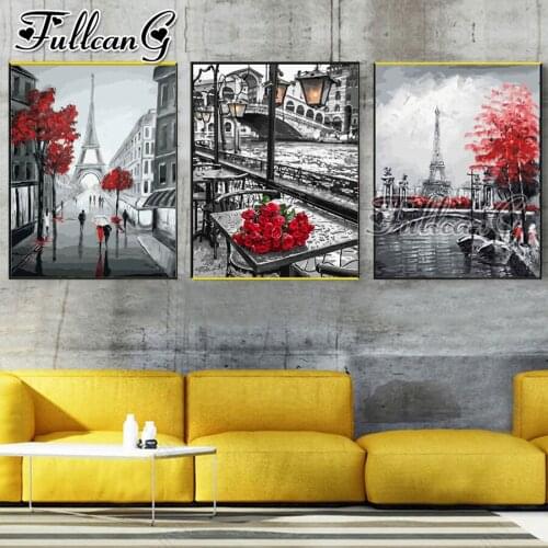 FULLCANG 5d diy diamond embroidery european abstract red rose tower painting triptych full square round drill home decor FC3146