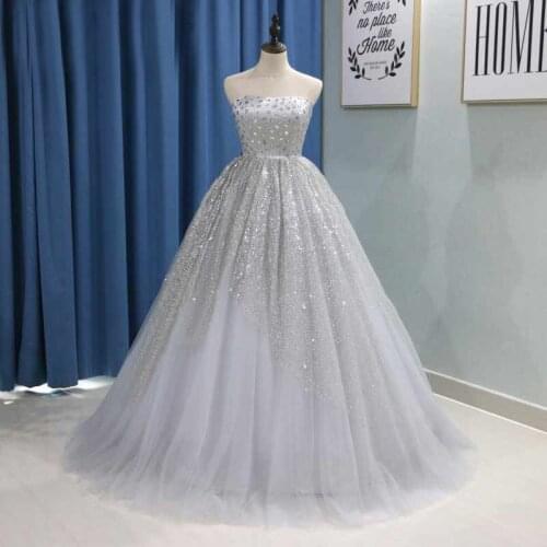 Silver Beaded Strapless Prom Dresses Ball Gown Crystals Formal Evening Dress Lace-up Back Robe De Soiree