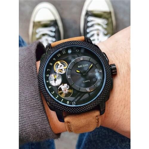 MEGIR Creative Fashion Analog Quartz Wrist Watch Men Leather Waterproof Casual Military Sports Watches Clock Relogio Masculino