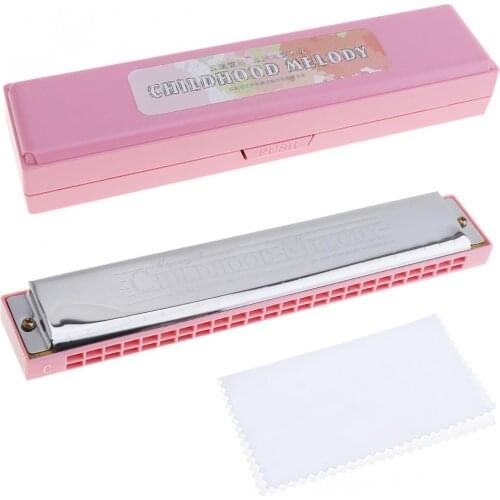 24 Holes Stainless Steel Pink Tremolo Harmonica Harp Mouth Organ Musical Instruments for Children Students and Beginner