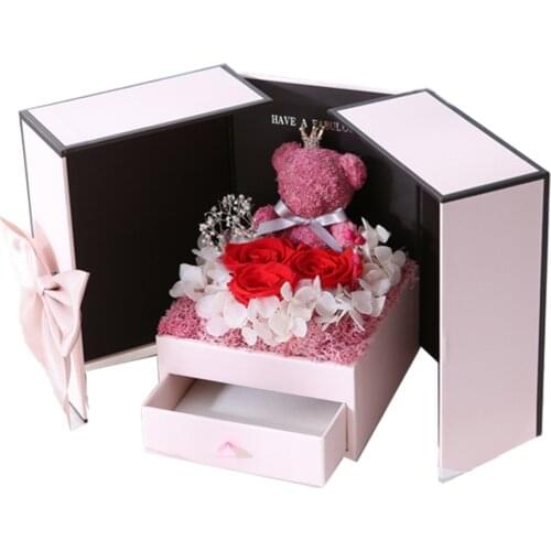 Artificial Preserved Rose Teddy Bear Double Door Luxury Gift Box Jewelry Necklace Gift Box Christmas Valentines Day Gift