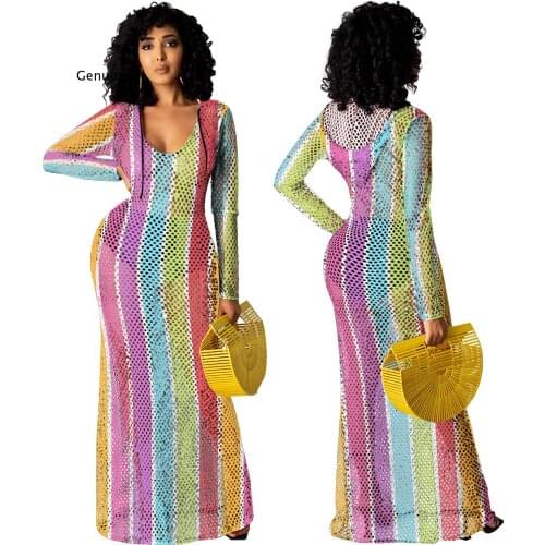 Hot Summer Women Ladies Bikini Cover-Ups Fishnet Mesh Cover Up Swimwear Beach Bathing Suit Striped Mesh Hollow Out Beach Dresses