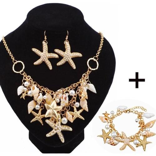 Starfish Sea Snail Earrings Necklace Bracelet Suit Pearl Shell Double Sautoir Charm Conch Seashell Drop Earring Jewelry Sets