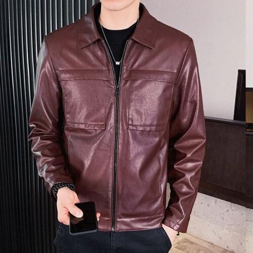 2021 Men 'S Autumn And Winter New Fashion Casual Business Leather Jacket Solid Color Slim Lapel Leather Jacket