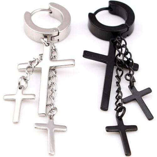 2016 new stainless steel men punk stud earrings small circle round earring with cross dangle fashion body piercing jewelry