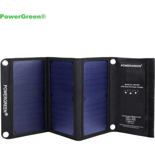 2018 New PowerGreen 21W Solar Charger Foldable Double USB Charger Solar Panel Cell External Battery Pack for Mobile Phone