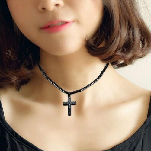 Cross Unisex Magnetic necklace Beads Hematite Stone for Therapy Health Care Hematite Beads necklace black