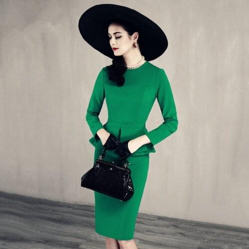 30- women vintage 50s green black long sleeve peplum wiggle pencil dress office work dresses elegant plus size vestido jurken