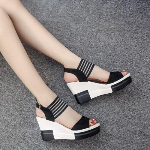 New Women Sandals Shoes Summer Wedges High Heels Fashion Ladies Peep Toe Buckle Strap Stretch Fabric Ankle Strap Female Shoes