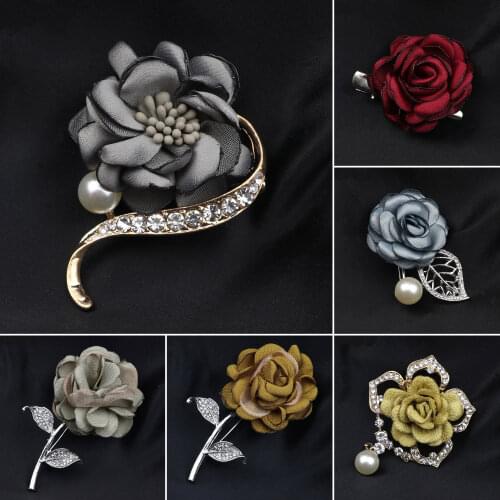 Vintage Rose Floral Brooches Pink Blue Purple Pearl Flower Pins Groom Wedding Party Dinner Breastpin Corsage Suit Accessory Gift