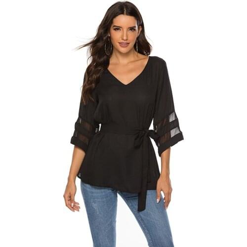 Elegant Top Women Chiffon Blouse Long Party Shirtthree Quarter Sleeve Mesh V Neck White Shirts With Sashes Belted Blouses Woman