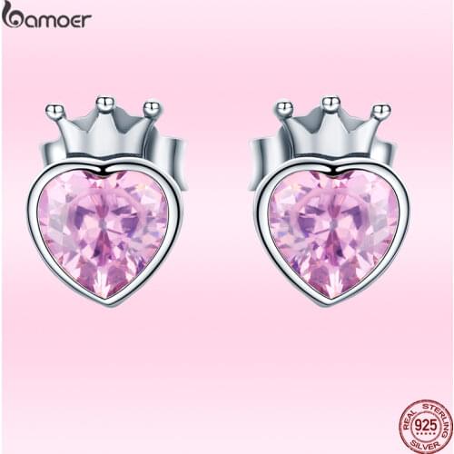 Bamoer Authentic 925 Sterling Silver Sweet Pink Heart of Crown Stud Earrings for Women Luxury Silver Jewelry Bijoux Gift SCE174