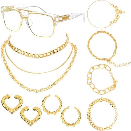 Hip Hop Woman Costume Kit Old School Rapper Sunglasses Faux Gold Rope Chain Earr