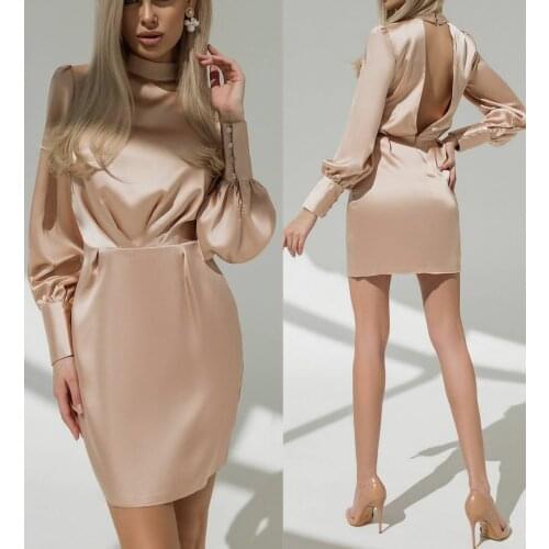 Vintage Long Sleeve Short Satin Prom Dresses Sheath High Neck Open Back Muslim Abendkleider Robes de Soirée for Women