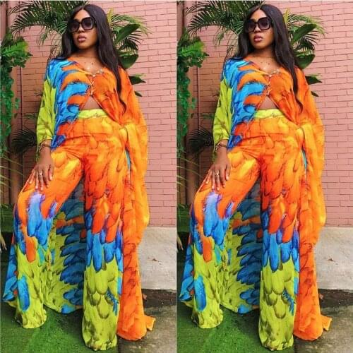 2 Piece Set Women Africa Clothes Dashiki New Fashion Chiffon Flowers Long Coat + Wide Pants African Robe Outfits Party For Lady