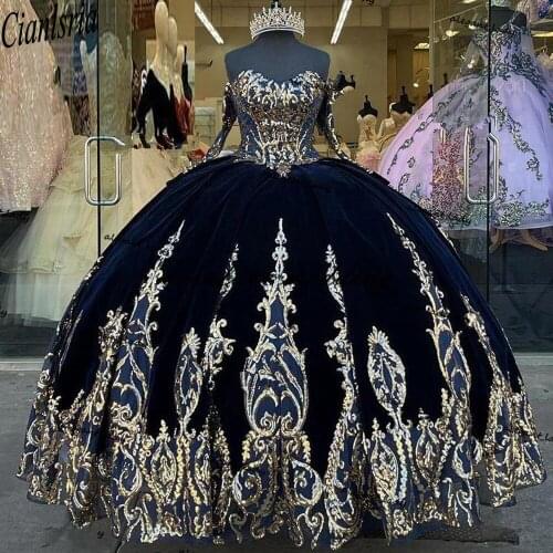 2021 Navy Blue Velvet Princess Quinceanera Dress Ball Gown Sequins Lace Applique Vestido Mexicano Style Sweet 15 Prom Gowns