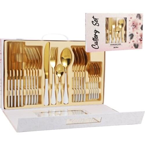 24PCS/6SET Gold Cutlery Set Kitchen Fork Spoon Knife Set Tableware Stainless Steel Cutlery Gold Dinnerware Christmas Gift Box