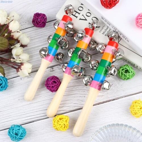 5 Pcs Christmas Hand Jingle Bells Wooden Rainbow Hand Sleigh Stick Shaker for Holiday Decoration Musical Instrument Toy 18x5x3cm