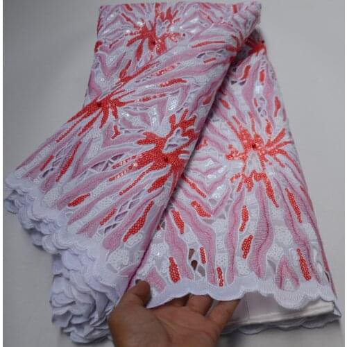 5yards/pc) 2021 Newest red white African handcut organza lace fabric with excellent sequins embroidery for party dress OP170