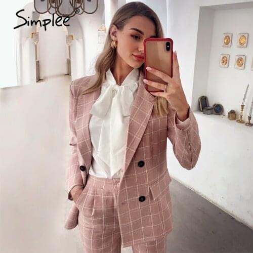 Simplee Fashion plaid women blazer suits Long sleeve double breasted blazer pants set Pink office ladies two-piece blazer sets
