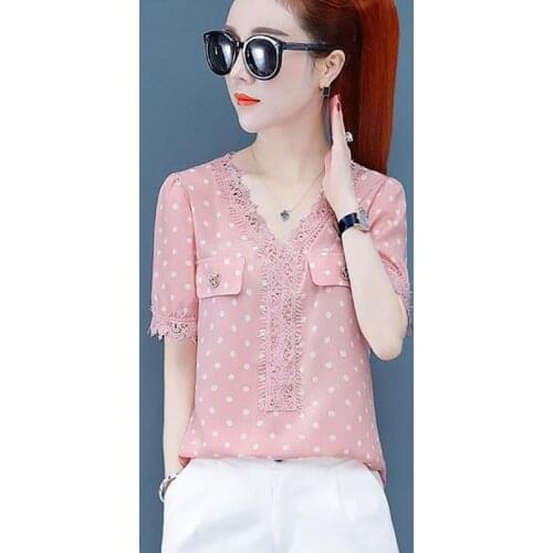 Polka Dot Chiffon Blouses Women Shirts Lady Casual V-Neck Spring Summer Style Printed Lace Short Sleeve Blusas Tops