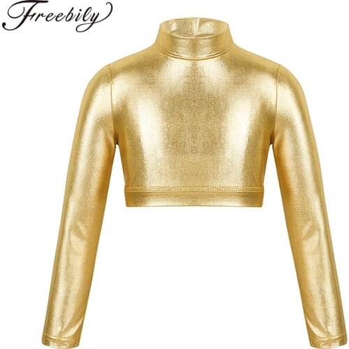 Kids Girls Long Sleeves Glossy Metallic Tops Crop Top for Ballet Jazz Dance Stage Performance Workout Gymnastics Dance Wear