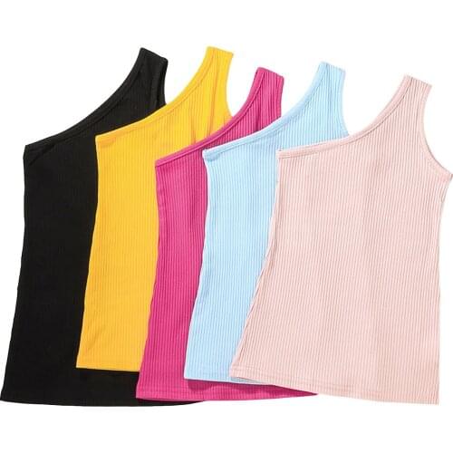 2021 Kids Summer Dress, Solid Color Ribbed One-Shoulder Sleeveless Jumper Skirt for Girls, 18Months to 6 Years, 5 Colors 18M-6T