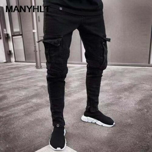 European And American Hot Selling Stretch Mens Jeans Trend Multi-pocket Pure Black Small Feet Zipper Trousers Casual Pants