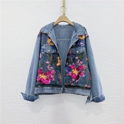 European Autumn New Design Sense Stitching Mesh Heavy Industry Sequined Embroidered Denim Short Coat Jacket Women Fashion 2021