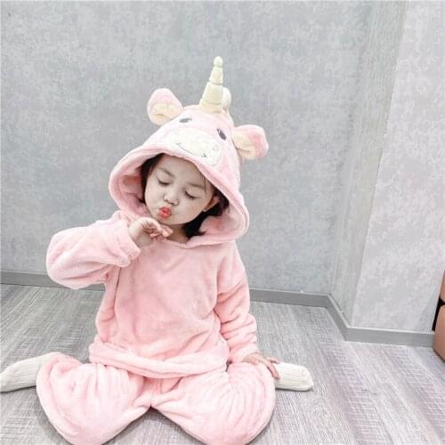 Pajamas Full Sleeve Hooded Flannel solid Comfortable Warm Cute Lovely Fashion Winter Children Clothes for Girls