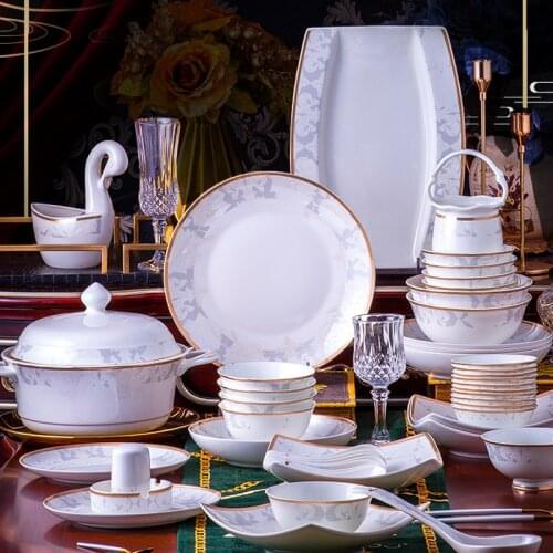 60 Heads Jingdezhen Ceramic Dinner chinese dishes Rice Bowl Soup Bowl Salad Noodles Bowl Plate Golden edge Tableware Dinnerware