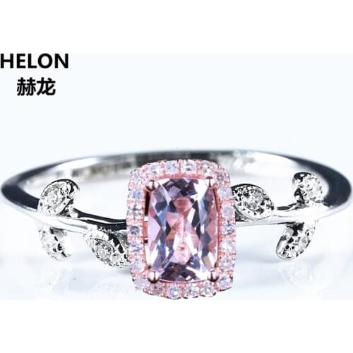 Art Deco Solid 14k White Gold Solid 14k Rose Gold Natural Diamonds 4x6mm Cushion Morganite Wedding Ring Romantic Leaf Unique