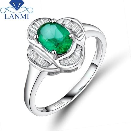 Fantastic Vintage Solid 18Kt White Gold Natural Diamond Emerald Engagement Ring Good Quality Gemstone Jewelry WU231
