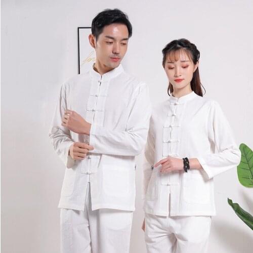 Men Traditional Chinese Tang Suit Linen Zen Tea Tops Hanfu Cardigan Coat Women Tai Chi Kung Fu Uniform Pants Shirts Set