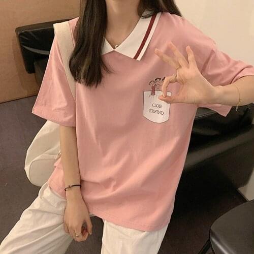 Hstar Summer Women Short Sleeve Turn Down Collar Pink White Loose T-Shirts Sweet Design Cartoons Female Japanese Cute Tops