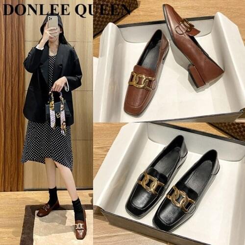 Winter Flats Shoes Women Slip On Loafer Autumn Fashion British Square Toe Brand Metal Chain Moccasin Casual Ballerina Big Size41