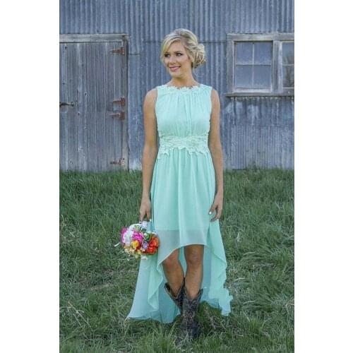 High Low Cheap Bridesmaid Dresses Under 50 A-line Chiffon Appliques Mint Green Long Wedding Party Dresses