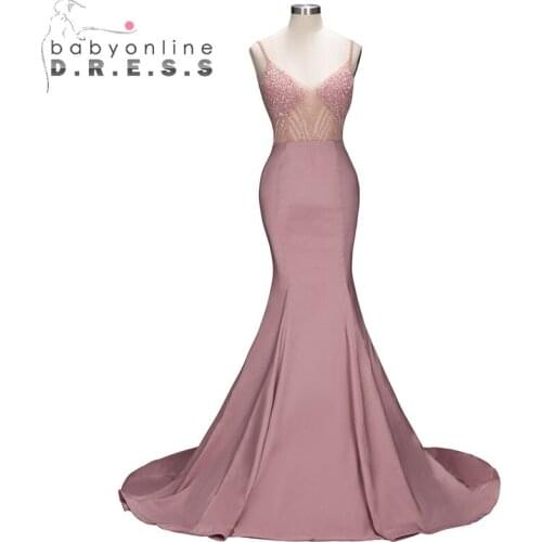 Babyonlinedress Elegant Backless Mermaid Prom Dresses Long Sexy V Neck Sweep Train Evening Prom Gowns Vestido De Festa Longo