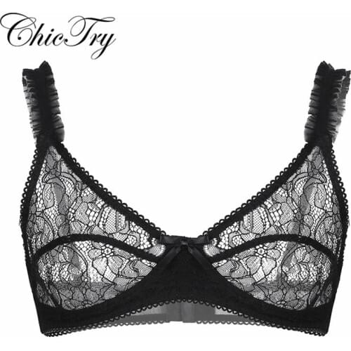 Sexy Mens Sissy Soft See Through Sheer Floral Lace Lingerie Adjustable Spaghetti Straps Wire-free No Padded Bralette Bra Tops