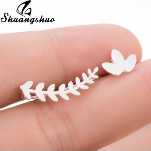 Shuangshuo Trending Geo Ear Climbers Leaves Ear Climber Asymmetrical Stud Earrings Botanical Jewelry Nature Studs Leaf Earrings