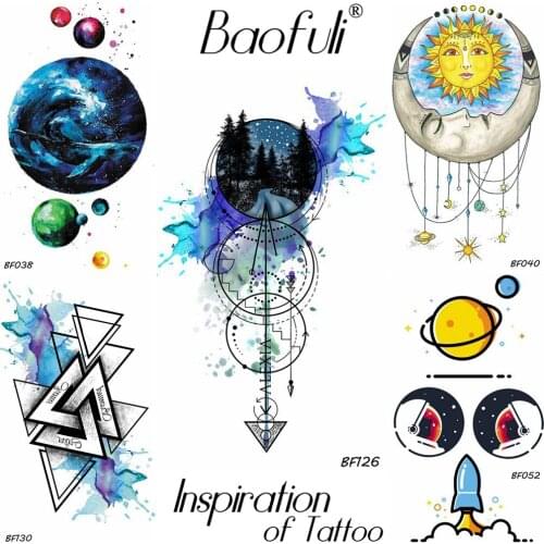 Water Color Men Body Art Temporary Tattoo Round Planets Night Forest Road Tatoos Blue Arrow Sleeve Disposable Tattoo Stickers