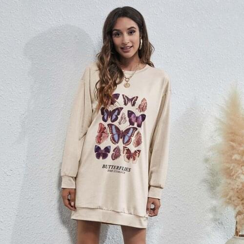 Sweatshirt With Long Sleeves Oversize Hoodie Women Clothes Autumn Vintage Butterfly Print Mid Length Hoodies Casual Pullover