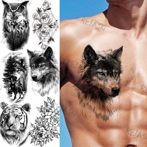 Black Wolf Temporary Tattoos For Women Men Owl Forest Tiger Geometric Dahlia Fake Tattoo Sticker Chest Arm Tatoos Body Art DIY