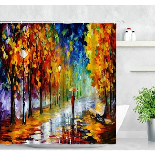 Red Maple Leaf Shower Curtains Rain Trees Park Road Autumn Scenery Oil Painting Art Waterproof Home Decor Bathroom Curtain Sets