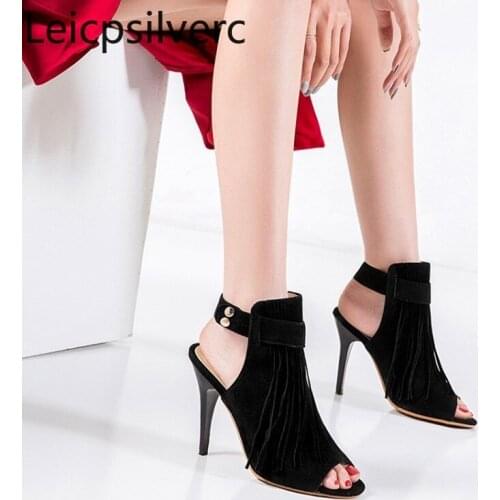 Womens Sandals summer Fashion flock Fringe Fish mouth Open toe Buckle Fine heel High heel Womens shoe plus size 34-43