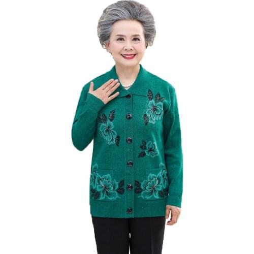 Middle Age Women Knitted Sweater Coat Autumn Casual Loose Keep warm Cardigans female 60-70 Old Grandma Cardigan Jacket Plus Size